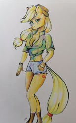 Size: 988x1600 | Tagged: safe, artist:ske, applejack, earth pony, anthro, g4, clothes, pencil drawing, shirt, shoes, shorts, solo, traditional art