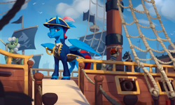 Size: 2000x1201 | Tagged: source needed, safe, artist:rodrigues404, oc, oc only, oc:andrew swiftwing, oc:swift sail, earth pony, pegasus, pony, alternate universe, bandana, boat, cannon, clothes, coat, ear piercing, earring, eyepatch, fantasy class, feather, flag, hat, jewelry, looking at you, male, painting, piercing, pirate ship, rapier, rope, sailor, sailor uniform, ship, smiling, stallion, sword, uniform, weapon