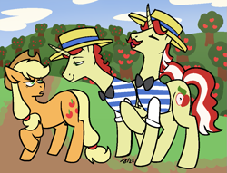 Size: 985x751 | Tagged: safe, artist:/d/non, applejack, flam, flim, earth pony, pony, unicorn, g4, apple, apple tree, brothers, facial hair, februpony, female, flim flam brothers, food, grumpy, male, mare, moustache, siblings, smiling, stallion, tree, trio