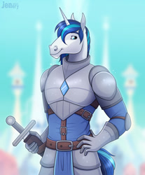 Size: 1062x1280 | Tagged: safe, artist:jenery, shining armor, unicorn, anthro, g4, armor, blurry background, eyebrows, hand on hip, hoers, horn, male, smiling, solo, sword, weapon