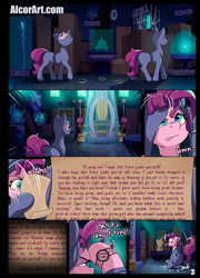 Size: 1275x1775 | Tagged: safe, artist:alcor, lyra heartstrings, pinkie pie, earth pony, pony, comic:double trouble (alcor), g4, bell, catsuit, chest of harmony, comic, explicit source, female, grogar's bell, implied lyra, jar, lyra plushie, mare, mirror portal, pinkie spy, plothole plush lyra, plushie, speech bubble, staff, staff of sacanas