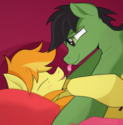 Size: 2160x2193 | Tagged: safe, artist:sefastpone, braeburn, oc, oc:anon, oc:anon stallion, earth pony, pony, g4, bed, blushing, canon x oc, digital art, drool, drool string, gay, high res, male, pillow, shipping, stallion, tongue out