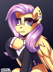 Size: 1600x2200 | Tagged: safe, artist:shadowreindeer, fluttershy, pegasus, pony, fake it 'til you make it, g4, clothes, ear fluff, ear piercing, eyebrows, eyelashes, eyeshadow, female, fluttergoth, folded wings, looking at you, makeup, piercing, remake, shirt, signature, sitting, solo, wings