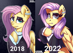 Size: 919x663 | Tagged: safe, artist:shadowreindeer, fluttershy, pegasus, pony, fake it 'til you make it, g4, 2018, 2022, fluttergoth, remake, remake old art, solo, vs