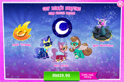 Size: 1036x684 | Tagged: safe, gameloft, idw, masked matter-horn, radiance, saddle rager, g4, advertisement, costs real money, crescent moon, idw showified, masked matter-horn costume, moon, power ponies