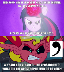 Size: 2005x2256 | Tagged: safe, edit, edited screencap, screencap, sunset shimmer, twilight sparkle, demon, equestria girls, g4, my little pony equestria girls, angry, apostrophe, caption, comic, female, harmonic transformation, high res, image macro, impact font, magic, nostalgia critic, ponied up, reference, screencap comic, sunset satan, text