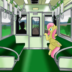 Size: 1000x1000 | Tagged: safe, artist:kushina13, fluttershy, pegasus, pony, g4, female, japan, mare, silhouette, sitting, solo, train