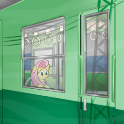 Size: 1000x1000 | Tagged: safe, artist:kushina13, fluttershy, pegasus, pony, g4, female, japan, looking out the window, mare, solo, train