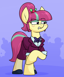 Size: 1474x1762 | Tagged: safe, artist:moonatik, sour sweet, earth pony, pony, equestria girls, g4, abstract background, bowtie, cherry, clothes, crystal prep academy uniform, equestria girls ponified, eyeshadow, female, food, freckles, makeup, mare, ponified, school uniform, shirt, shoes, solo, sour sweet is not amused, tights, unamused