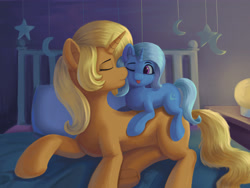 Size: 4724x3543 | Tagged: safe, artist:lin feng, sunflower spectacle, trixie, pony, unicorn, g4, :p, bed, cheek kiss, concave belly, cute, diatrixes, female, filly, filly trixie, kissing, mare, mother and child, mother and daughter, night, one eye closed, tongue out, younger