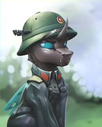 Size: 2000x2500 | Tagged: safe, artist:richmay, oc, oc only, changeling, blue changeling, bust, changeling oc, clothes, feather, helmet, high res, looking at you, military, military uniform, solo, uniform, vietnam war, war