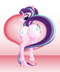 Size: 2800x3350 | Tagged: safe, anonymous artist, starlight glimmer, pony, unicorn, g4, both cutie marks, butt, featureless crotch, female, flank, glimmer glutes, heart, high res, lifted leg, long tail, looking back, mare, no mouth, plot, rear view, simple background, solo, tail, underhoof