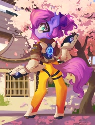Size: 1560x2048 | Tagged: safe, alternate version, artist:saxopi, oc, oc only, oc:lillybit, semi-anthro, arm hooves, butt, cherry blossoms, cherry tree, clothes, colored pupils, cosplay, costume, crossover, female, flower, flower blossom, futuristic, goggles, gun, hoof shoes, leg strap, looking at you, looking back, looking back at you, overwatch, plot, ponified, purple mane, purple tail, rear view, solo, tail, tail hole, teal eyes, tracer, tree, video game crossover, weapon