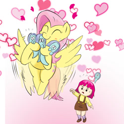 Size: 1000x1000 | Tagged: safe, artist:kushina13, fluttershy, ghost, human, pegasus, pony, undead, g4, cute, duo, emanata, eyes closed, female, flying, gradient background, heart, hug, looking at someone, mare, shyabetes