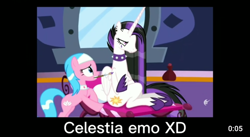 Size: 720x394 | Tagged: safe, screencap, aloe, princess celestia, alicorn, pony, between dark and dawn, g4, bipedal, bipedal leaning, caption, collar, duo, duo focus, female, image macro, leaning, meme, mirror, mouth hold, nail polish, punklestia, sitting, spa, spa pony, spiked collar, text, youtube, youtube link, youtube thumbnail