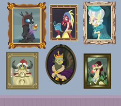 Size: 1280x1116 | Tagged: safe, artist:fhoenox, aurora (g4), clover the clever, king grover, knuckerbocker, mirage (g4), yickslur, changeling, dragon, griffon, hippogriff, pony, yak, g4, amulet, amulet of aurora, cloak, clothes, clover, clover the clever's cloak, crown, crown of grover, grover, helm, helm of yickslur, helmet, jewelry, knuckerbocker's shell, lore, mare antoinette, mirage, pictures, pictures on the wall, regalia, royalty, school of friendship, shell, talisman, talisman of mirage