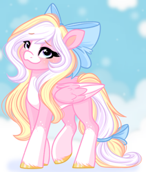 Size: 1740x2048 | Tagged: safe, artist:emberslament, oc, oc only, oc:bay breeze, pegasus, pony, g4, g5, my little pony: a new generation, alternate hairstyle, blaze (coat marking), blushing, bow, cloud, coat markings, colored wings, cute, facial markings, female, freckles, g4 to g5, hair bow, heart eyes, looking at you, mare, pale belly, pegasus oc, redesign, sky, smiling, smiling at you, socks (coat markings), solo, tail, tail bow, two toned wings, unshorn fetlocks, white belly, wingding eyes, wings