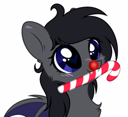 Size: 700x642 | Tagged: artist needed, safe, oc, oc only, oc:midnight blitz, bat pony, pony, bat pony oc, blushing, bust, candy, candy cane, cheek fluff, chest fluff, cute, fangs, food, heart eyes, mouth hold, ocbetes, simple background, solo, transparent background, wingding eyes