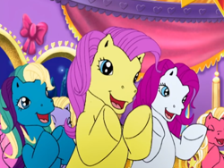 Size: 1528x1146 | Tagged: safe, screencap, blossomforth (g3), daisyjo, forsythia (g3), merriweather, pinkie pie (g3), seaspray (g3), earth pony, pony, dancing in the clouds, g3, castle, celebration castle, cheering, clapping, clapping ponies, crowd, cute, dawwsyjo, eyes closed, female, g3 adoraforth, g3 adoraspray, g3 diapinkes, g3 forsythiabetes, g3 merriweawwwther, group, happy, indoors, mare, night, open mouth, open smile, smiling, window