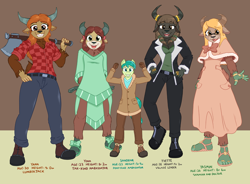 Size: 1418x1044 | Tagged: safe, artist:caroo, sandbar, yona, oc, oc:yana, oc:yasmin, oc:yvette, earth pony, yak, anthro, plantigrade anthro, g4, axe, boots, bracelet, breasts, cleavage, clothes, dress, female, flannel shirt, jacket, jeans, jewelry, larger female, male, pants, ring, sandals, shoes, size comparison, size difference, smaller male, toe ring, weapon, yak oc