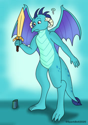 Size: 1024x1449 | Tagged: safe, artist:sparkbolt3020, princess ember, dragon, g4, box, commission, question mark, sword, transformation, transformation sequence, weapon