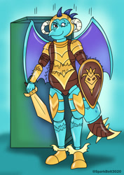 Size: 1024x1449 | Tagged: safe, artist:sparkbolt3020, princess ember, dragon, g4, armor, box, commission, forced smile, helmet, shield, shrinking, smiling, sword, transformation, transformation sequence, weapon