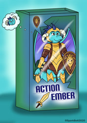 Size: 1024x1449 | Tagged: safe, artist:sparkbolt3020, princess ember, dragon, g4, action figure, armor, box, commission, confused, helmet, inanimate tf, shield, sword, thought bubble, transformation, transformation sequence, weapon