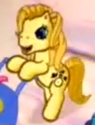 Size: 364x479 | Tagged: safe, screencap, bumblesweet (g3), earth pony, pony, a very pony place, g3, positively pink, bipedal, cart, cropped, cute, female, g3 bumbledorable, mare, ponyville (g3), positively pink (song), singing, solo, walking