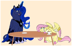 Size: 1794x1150 | Tagged: safe, artist:arcticwaters, fluttershy, princess luna, alicorn, pegasus, pony, g4, colored hooves, colored wings, colored wingtips, commission, cup, duo, female, floppy ears, food, glowing, glowing horn, grin, hoers, horn, levitation, magic, mare, nervous, nervous smile, simple background, sitting, smiling, sweat, tail, tail feathers, tea, tea party, teacup, telekinesis, wings, yellow background
