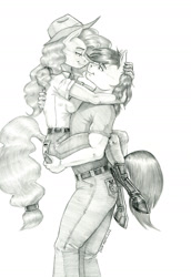 Size: 900x1310 | Tagged: safe, artist:baron engel, bright mac, pear butter, earth pony, anthro, unguligrade anthro, g4, applejack's mom, boots, breasts, busty pear butter, clothes, couple, duo, female, grayscale, male, monochrome, pants, pencil drawing, ship:brightbutter, shipping, shoes, straight, traditional art
