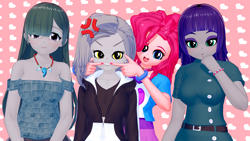 Size: 1920x1080 | Tagged: safe, artist:ratachu666, limestone pie, marble pie, maud pie, pinkie pie, equestria girls, g4, 3d, cross-popping veins, equestria girls-ified, forced smile, koikatsu, looking at you, pie sisters, siblings, sisters, smiling, smiling at you