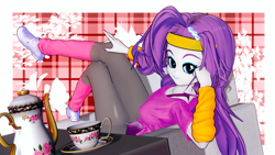 Size: 1920x1080 | Tagged: safe, artist:ratachu666, rarity, equestria girls, g4, 3d, abstract background, arm warmers, clothes, cup, exeron outfit, headband, koikatsu, leotard, looking at you, sitting, solo, teacup, teapot