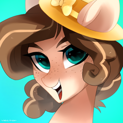 Size: 1700x1700 | Tagged: safe, artist:zlatavector, oc, oc only, oc:celia montigre, earth pony, pony, bow, bust, commission, female, freckles, gradient background, hat, icon, looking at you, mare, portrait, smiling, smiling at you, solo