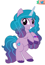 Size: 1900x2775 | Tagged: safe, artist:kuren247, izzy moonbow, pony, unicorn, g4, g5, my little pony: a new generation, bracelet, cloven hooves, cute, female, g5 to g4, generation leap, high res, jewelry, looking at you, mare, rearing, simple background, smiling, solo, transparent background, unshorn fetlocks, vector