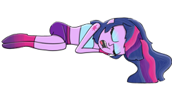 Size: 4096x2160 | Tagged: safe, artist:lavender-annabella, sci-twi, twilight sparkle, equestria girls, g4, boxing shorts, clothes, crossover, cute, cycling shorts, exeron fighters, martial arts kids, martial arts kids outfits, missing accessory, simple background, sleeping, socks, solo, sports bra, stocking feet, transparent background, twiabetes
