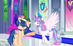 Size: 2932x1864 | Tagged: safe, artist:yulianapie26, princess flurry heart, oc, alicorn, pony, g4, alicorn oc, base used, big crown thingy, concave belly, cousins, crown, duo, element of magic, female, hoof shoes, horn, indoors, jewelry, mare, offspring, older, older flurry heart, parent:flash sentry, parent:twilight sparkle, parents:flashlight, raised hoof, regalia, slender, thin, underhoof, wings
