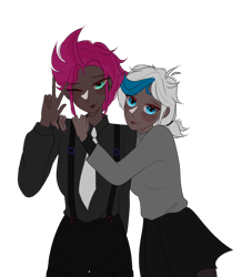 Size: 1024x1126 | Tagged: safe, artist:idkhesoff, tempest shadow, oc, oc:elizabat stormfeather, human, g4, alternate hairstyle, blushing, canon x oc, clothes, dark skin, duo, female, hug, humanized, humanized oc, lesbian, necktie, one eye closed, pants, peace sign, shipping, shirt, simple background, skirt, socks, stockings, stormshadow, suspenders, sweater, thigh highs, transparent background, wink