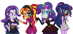 Size: 2144x991 | Tagged: safe, artist:yulianapie26, rarity, starlight glimmer, sunset shimmer, twilight sparkle, equestria girls, g4, bare shoulders, base used, clothes, costume, dia de los muertos, face paint, female, simple background, sleeveless, smiling, transparent background