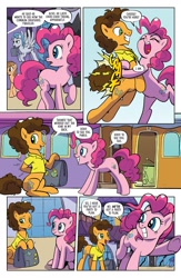 Size: 1041x1600 | Tagged: safe, artist:pencils, idw, cheese sandwich, pinkie pie, oc, oc:sky shatter, earth pony, pony, g4, spoiler:comic94, bipedal, comic, dialogue, duo focus, female, hug, male, mare, shipping fuel, stallion, suitcase, train, underhoof