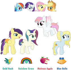 Size: 3552x3483 | Tagged: safe, artist:littlejurnalina, applejack, fluttershy, rainbow dash, rarity, oc, oc:blue belle, oc:gold rush, oc:melrose apple, oc:rainbow grace, earth pony, pegasus, pony, unicorn, g4, female, high res, magical lesbian spawn, male, mare, offspring, parent:applejack, parent:fluttershy, parent:rainbow dash, parent:rarity, simple background, stallion, transparent background