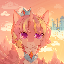 Size: 3000x3000 | Tagged: safe, artist:miioko, oc, oc only, pony, unicorn, bust, cloud, crown, frown, high res, horn, jewelry, mountain, outdoors, regalia, solo, unicorn oc