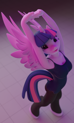 Size: 598x1000 | Tagged: safe, artist:moonbucket, twilight sparkle, alicorn, anthro, unguligrade anthro, g4, 3d, blender, blender cycles, breasts, clothes, female, pose, solo, stretching, twilight sparkle (alicorn), workout, workout outfit