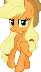 Size: 1080x1920 | Tagged: safe, artist:sallyso, applejack, earth pony, pony, g4, eyelashes, female, freckles, hat, hoof on chest, mare, simple background, smiling, solo, white background