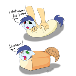 Size: 1250x1250 | Tagged: safe, artist:noir-b, oc, oc only, oc:slipstream, bread pony, food pony, pegasus, pony, bread, food transformation, heterochromia, i don't wanna be bread, inanimate tf, open mouth, ponyloaf, prone, teary eyes, transformation