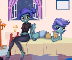 Size: 2988x2512 | Tagged: safe, artist:c1trine, artist:yaya54320bases, oc, oc only, oc:lightning skies, oc:rainy skies (ice1517), icey-verse, equestria girls, g4, barefoot, base used, bed, bedroom, bedroom eyes, belly button, blanket, breasts, clothes, commission, duo, ear piercing, earring, equestria girls-ified, feet, female, grin, high res, jewelry, leggings, midriff, pants, piercing, shirt, shorts, siblings, sisters, smiling, soles, t-shirt, twins, ych result
