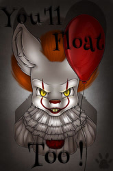 Size: 661x1000 | Tagged: safe, artist:maneblue, earth pony, pony, balloon, bust, chest fluff, clothes, clown, evil smile, grin, it, male, paw prints, pennywise, ponified, smiling, stallion