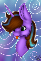 Size: 2013x2978 | Tagged: safe, artist:maneblue, oc, oc only, pony, unicorn, :p, abstract background, bust, chest fluff, ear fluff, high res, horn, paw prints, portrait, solo, tongue out, unicorn oc