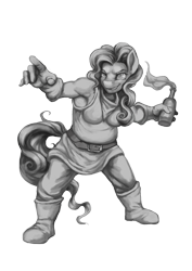 Size: 2480x3508 | Tagged: safe, artist:vitaj, pinkie pie, dwarf, anthro, plantigrade anthro, g4, belt, chubby, clothes, gloves, grayscale, high res, molotov cocktail, monochrome, muscles, myth (bungie), myth: the fallen lords, pointing, shoes, simple background, solo, transparent background