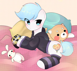 Size: 2479x2291 | Tagged: safe, artist:arwencuack, oc, earth pony, pony, clothes, commission, controller, cute, eye clipping through hair, high res, hoodie, plushie, socks, solo, striped socks
