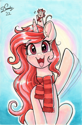 Size: 1768x2693 | Tagged: safe, artist:dandy, oc, oc only, oc:red palette, pony, rat, unicorn, :3, clothes, copic, ear fluff, female, freckles, horn, looking at you, lying down, scarf, striped scarf, traditional art, unicorn oc, waving, waving at you